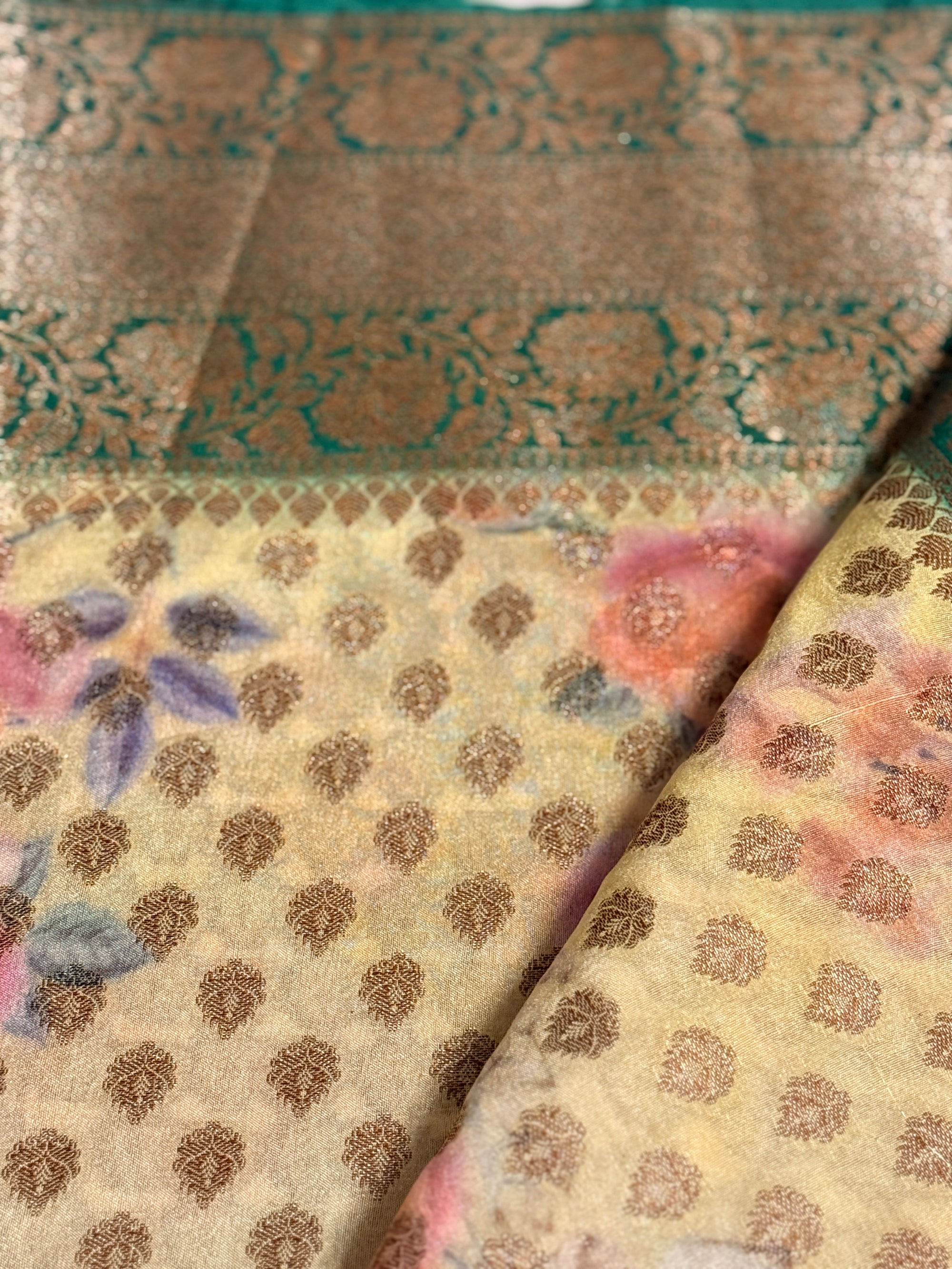 Ivory and Teal Green Floral Woven Saree with Gold Zari Border and Unstitched Blouse