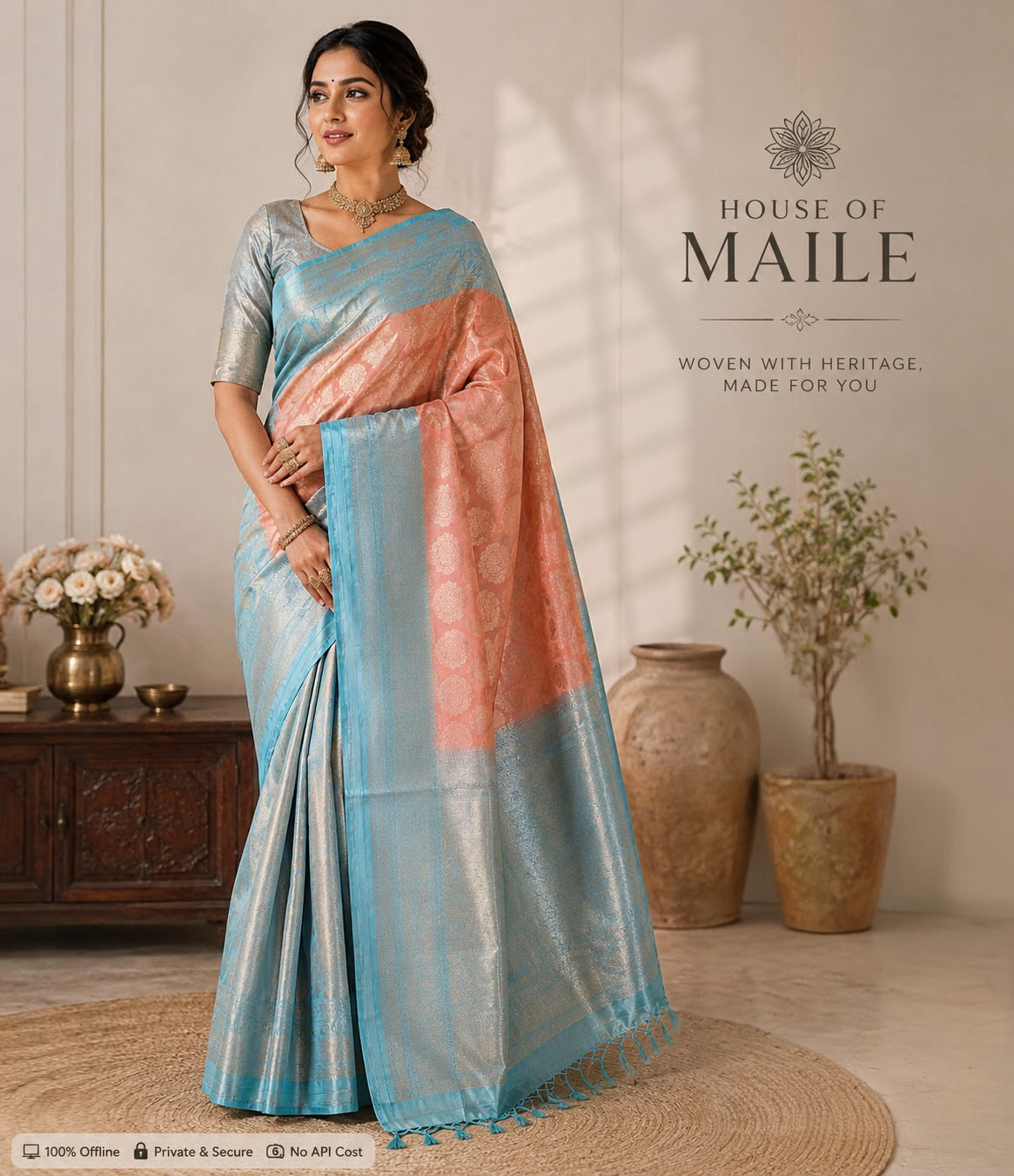 Peach and Sky Blue Pure Silk Saree with Woven Border, Tassels and Unstitched Blouse Piece