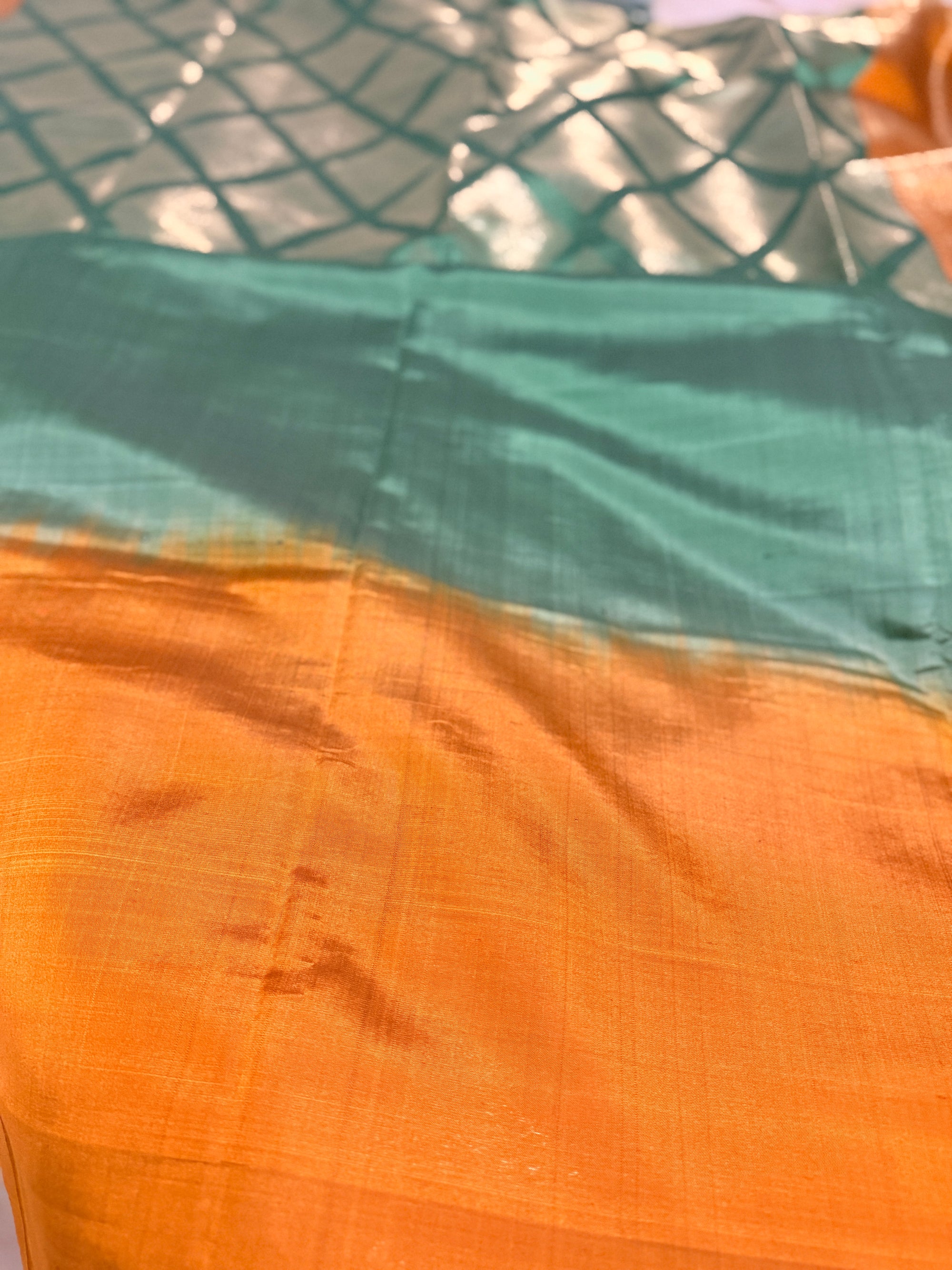 Sage Green and Burnt Orange Pure Silk Saree with Woven Pallu, Tassels and Unstitched Blouse Piece