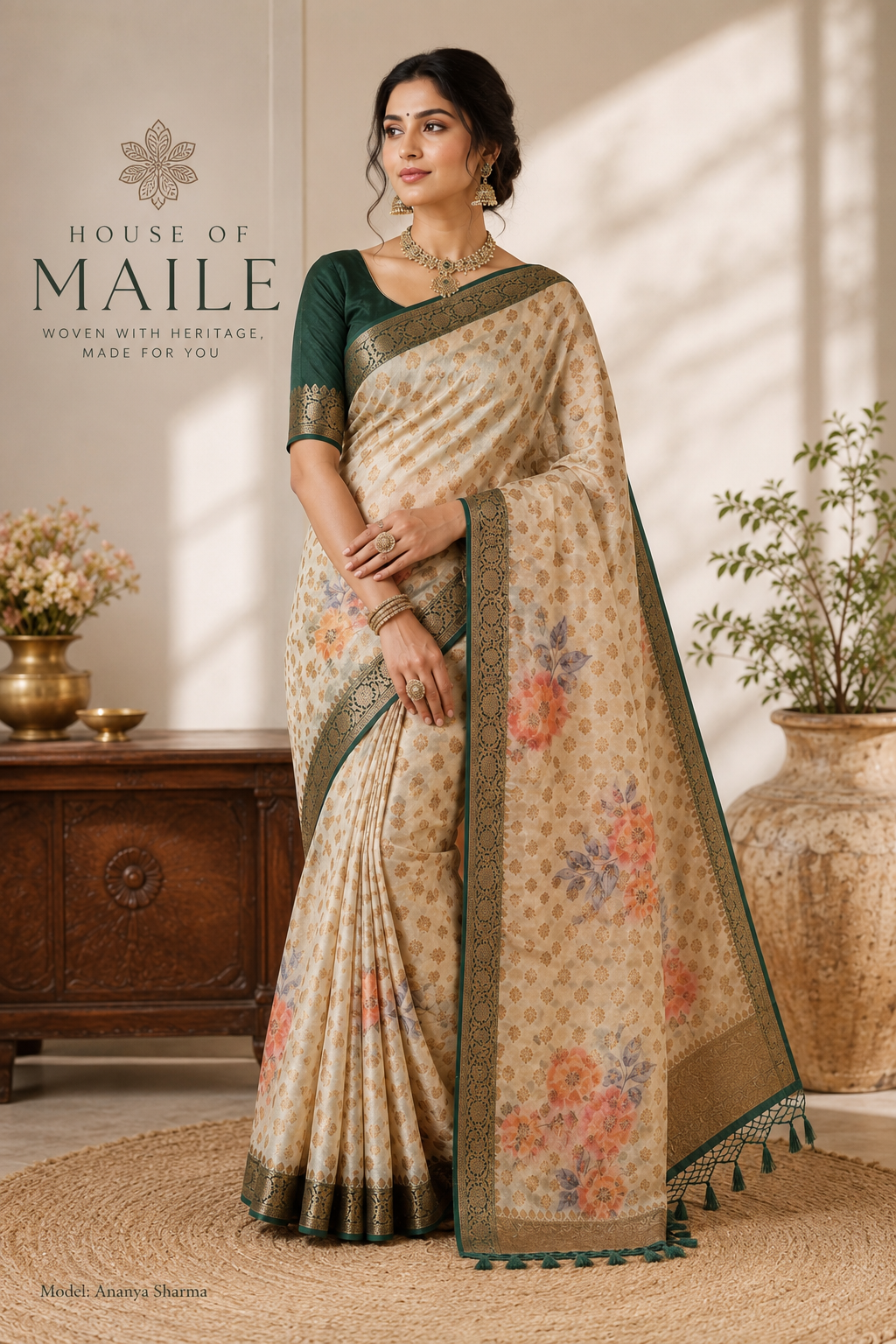 Ivory and Teal Green Floral Woven Saree with Gold Zari Border and Unstitched Blouse
