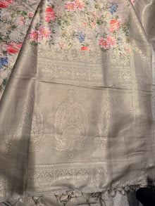 Silver Grey Floral Woven Saree with Tassels and Unstitched Blouse Piece