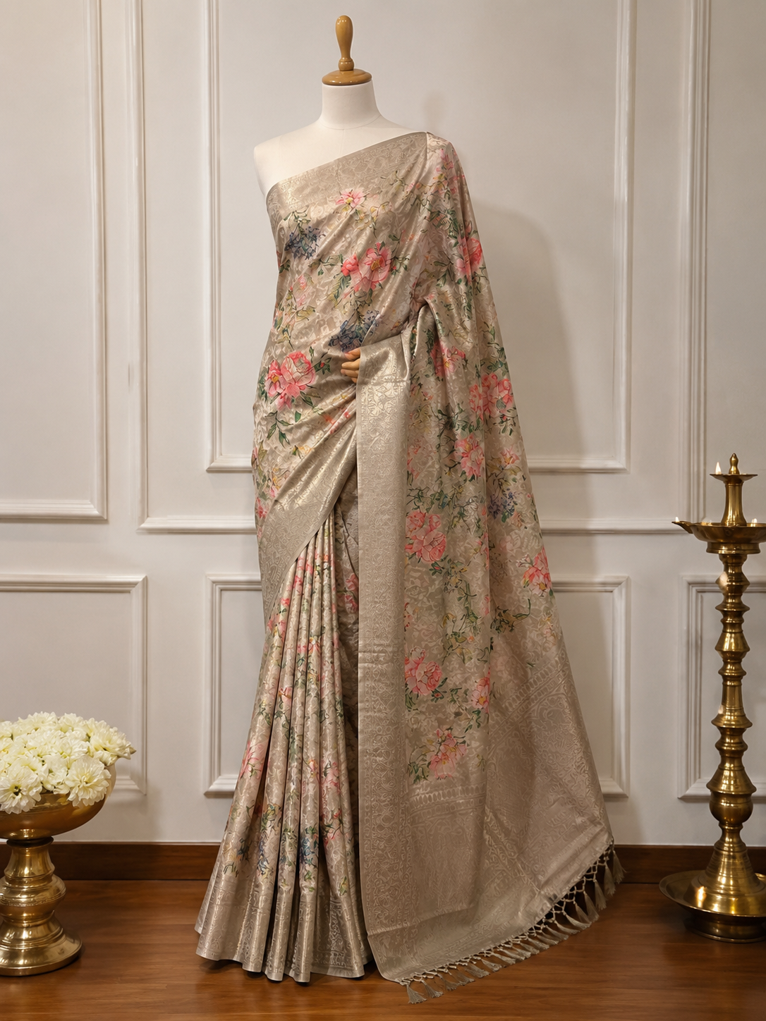 Silver Grey Floral Woven Saree with Tassels and Unstitched Blouse Piece