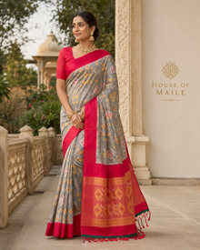 Grey Multicolor Ikat-Style Saree with Contrast Red Pallu and Unstitched Blouse Piece