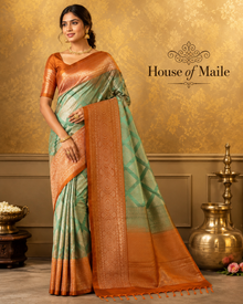 Sage Green and Burnt Orange Pure Silk Saree with Woven Pallu, Tassels and Unstitched Blouse Piece