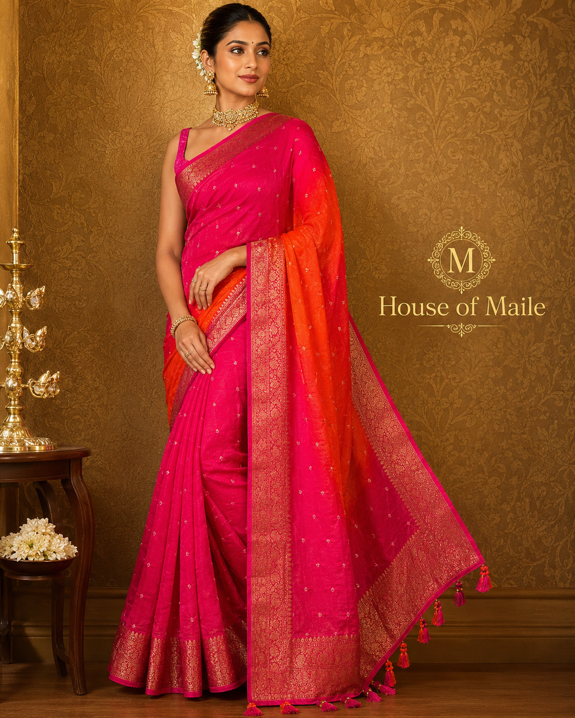 Pink and Orange Ombre Bandhani-Style Saree with Gold Zari Border