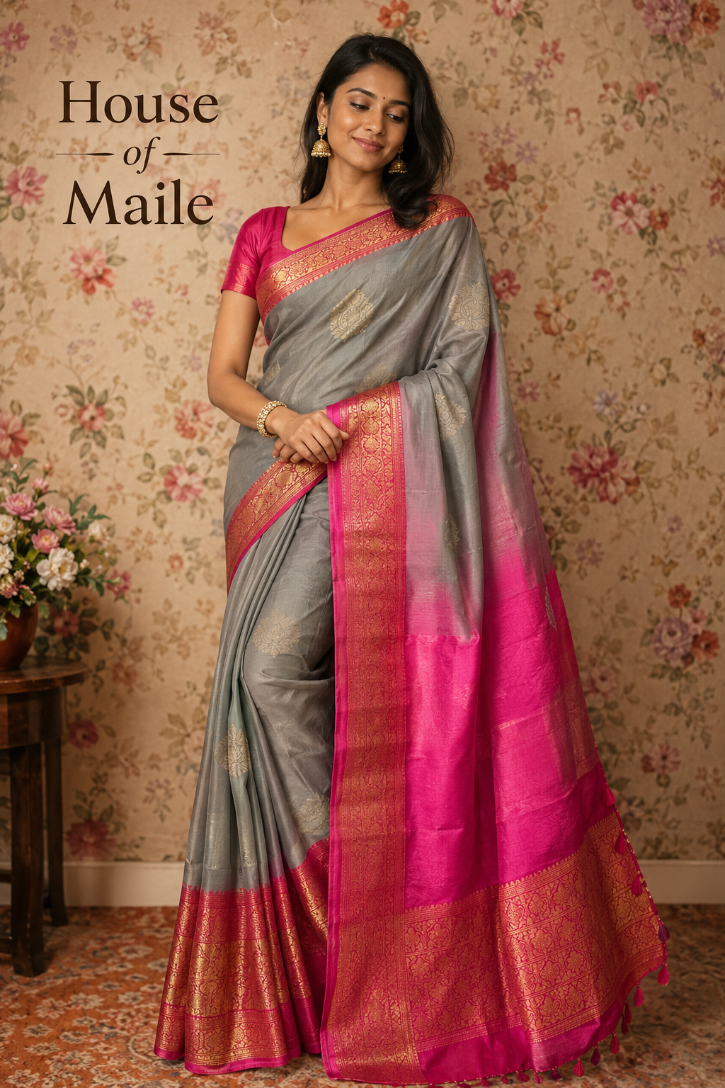 Magenta and Silver-Grey Pure Mysore Silk Saree with Gold Woven Border, Tassels and Stitched Blouse