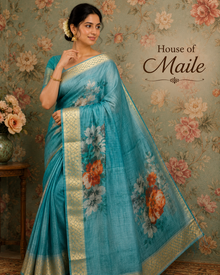 Teal Blue Floral Saree with Elegant Gold Woven Border without Blouse