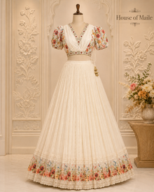 Ivory Floral Ready-to-Wear Lehenga Set with adjustable Puff-Sleeve Blouse and Can-Can
