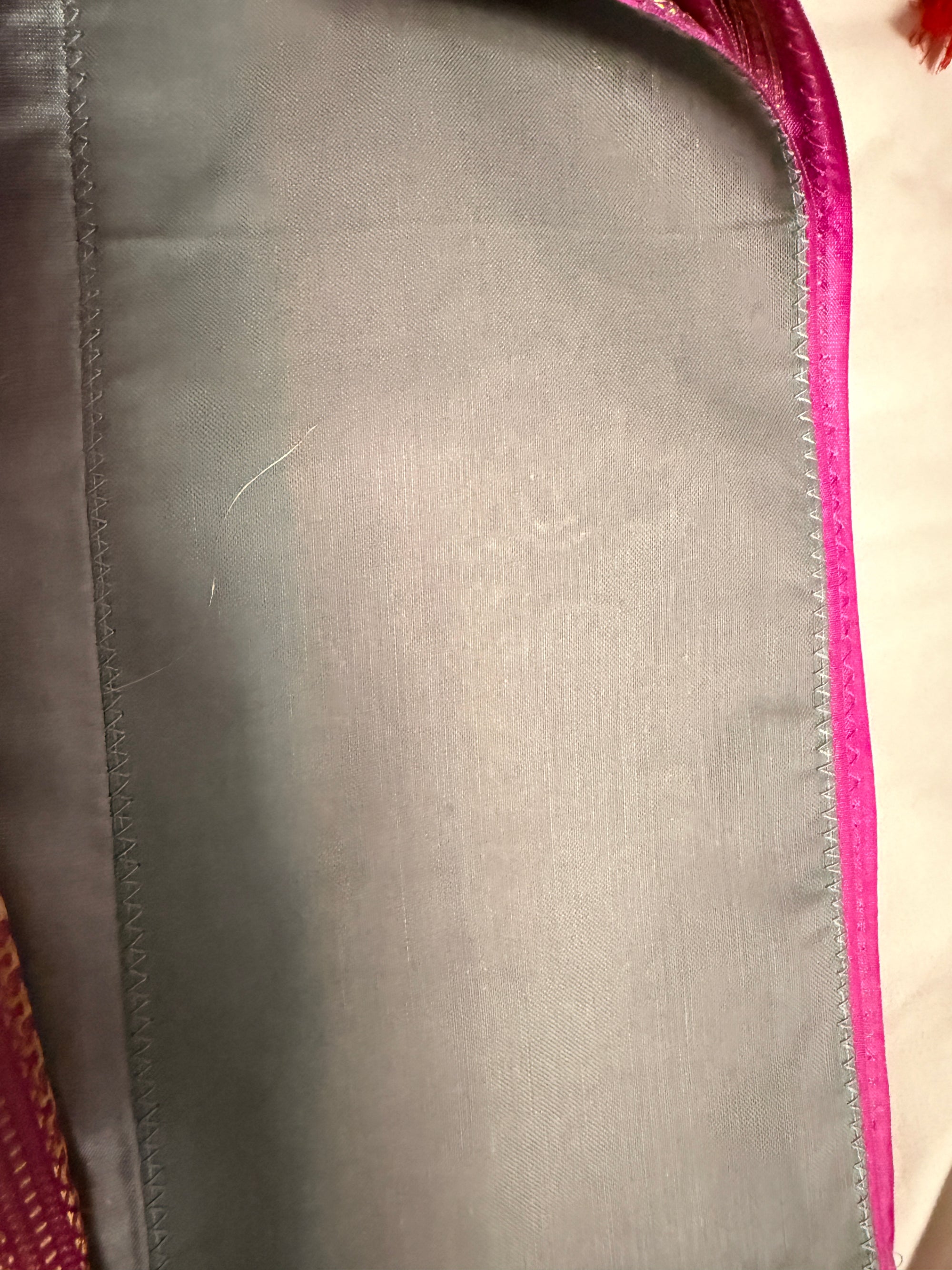 Magenta and Silver-Grey Pure Mysore Silk Saree with Gold Woven Border, Tassels and Stitched Blouse