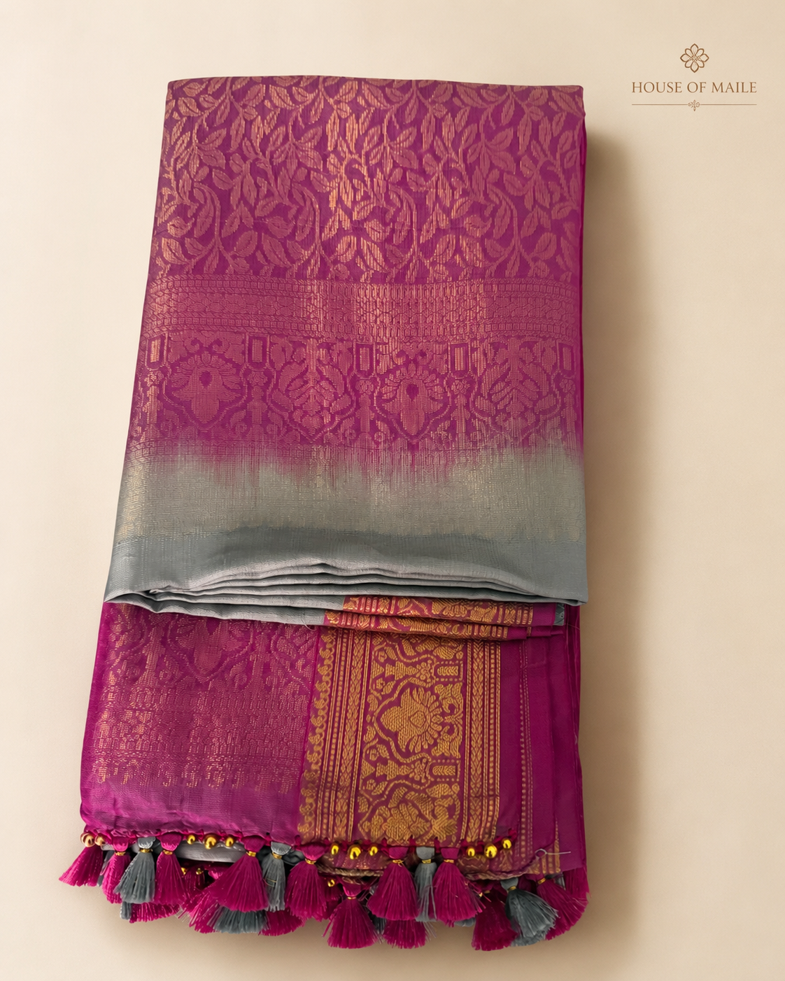 Magenta and Silver-Grey Pure Mysore Silk Saree with Gold Woven Border, Tassels and Stitched Blouse