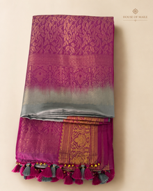 Magenta and Silver-Grey Pure Mysore Silk Saree with Gold Woven Border, Tassels and Stitched Blouse