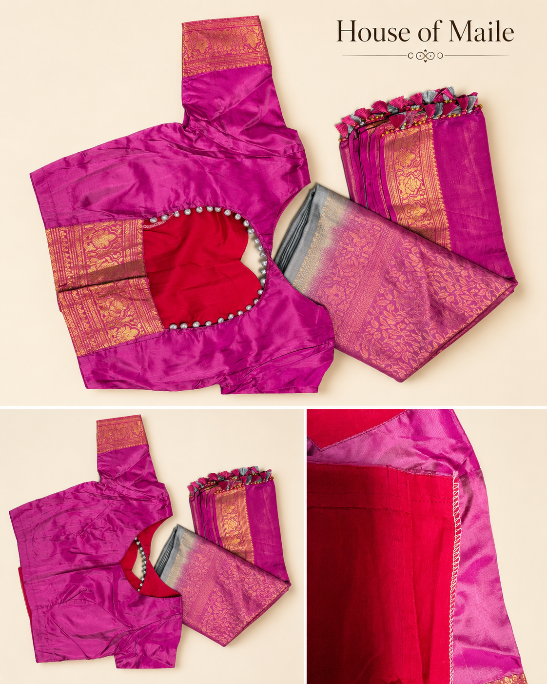 Magenta and Silver-Grey Pure Mysore Silk Saree with Gold Woven Border, Tassels and Stitched Blouse