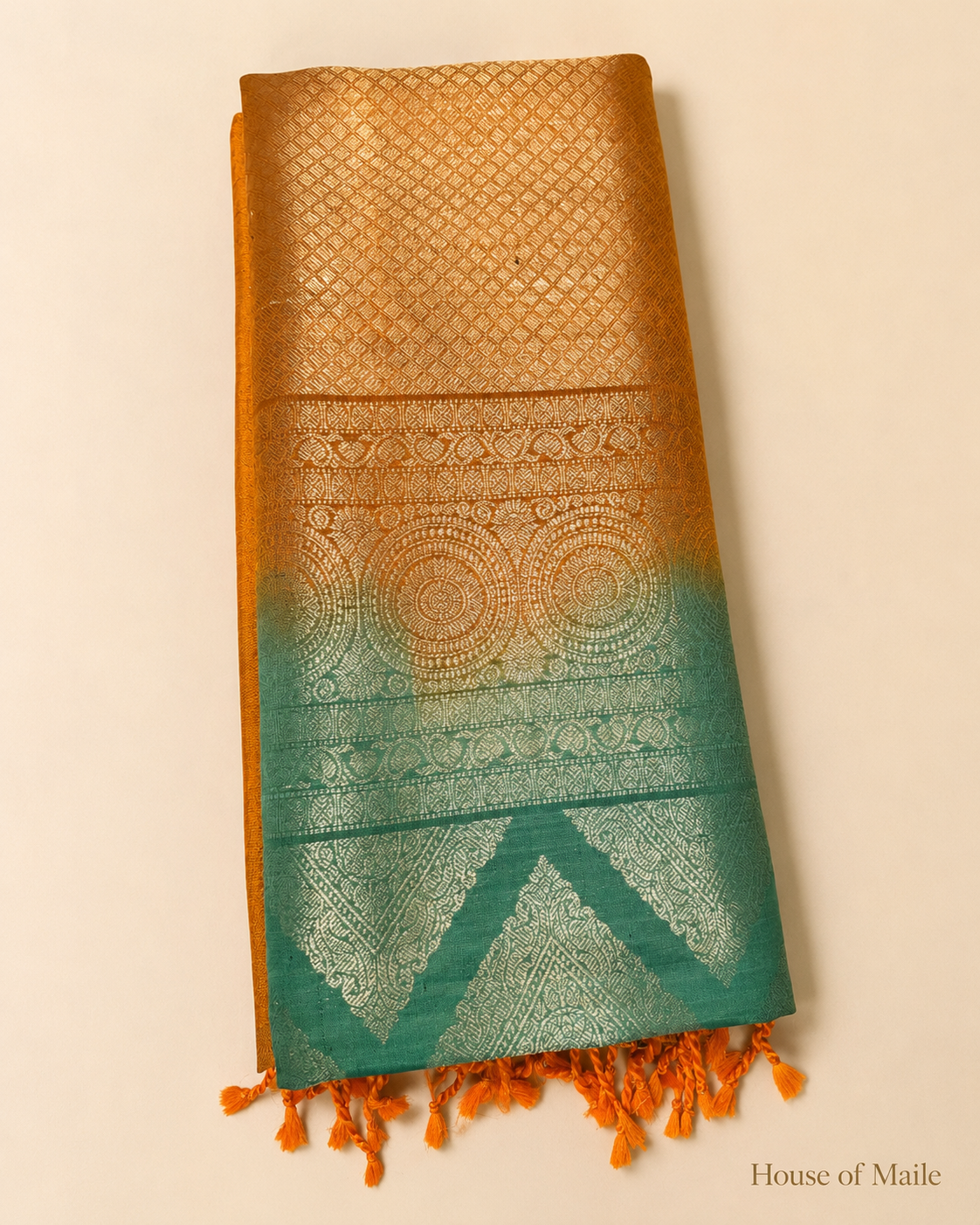 Sage Green and Burnt Orange Pure Silk Saree with Woven Pallu, Tassels and Unstitched Blouse Piece