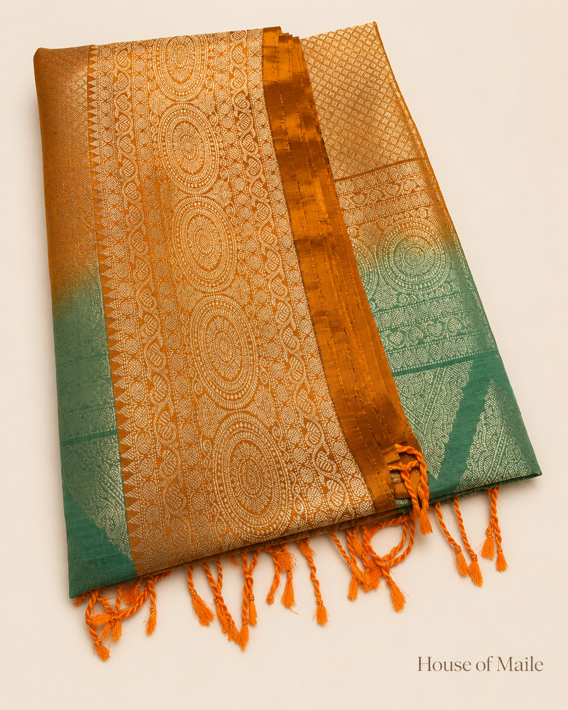 Sage Green and Burnt Orange Pure Silk Saree with Woven Pallu, Tassels and Unstitched Blouse Piece