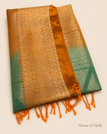 Sage Green and Burnt Orange Pure Silk Saree with Woven Pallu, Tassels and Unstitched Blouse Piece