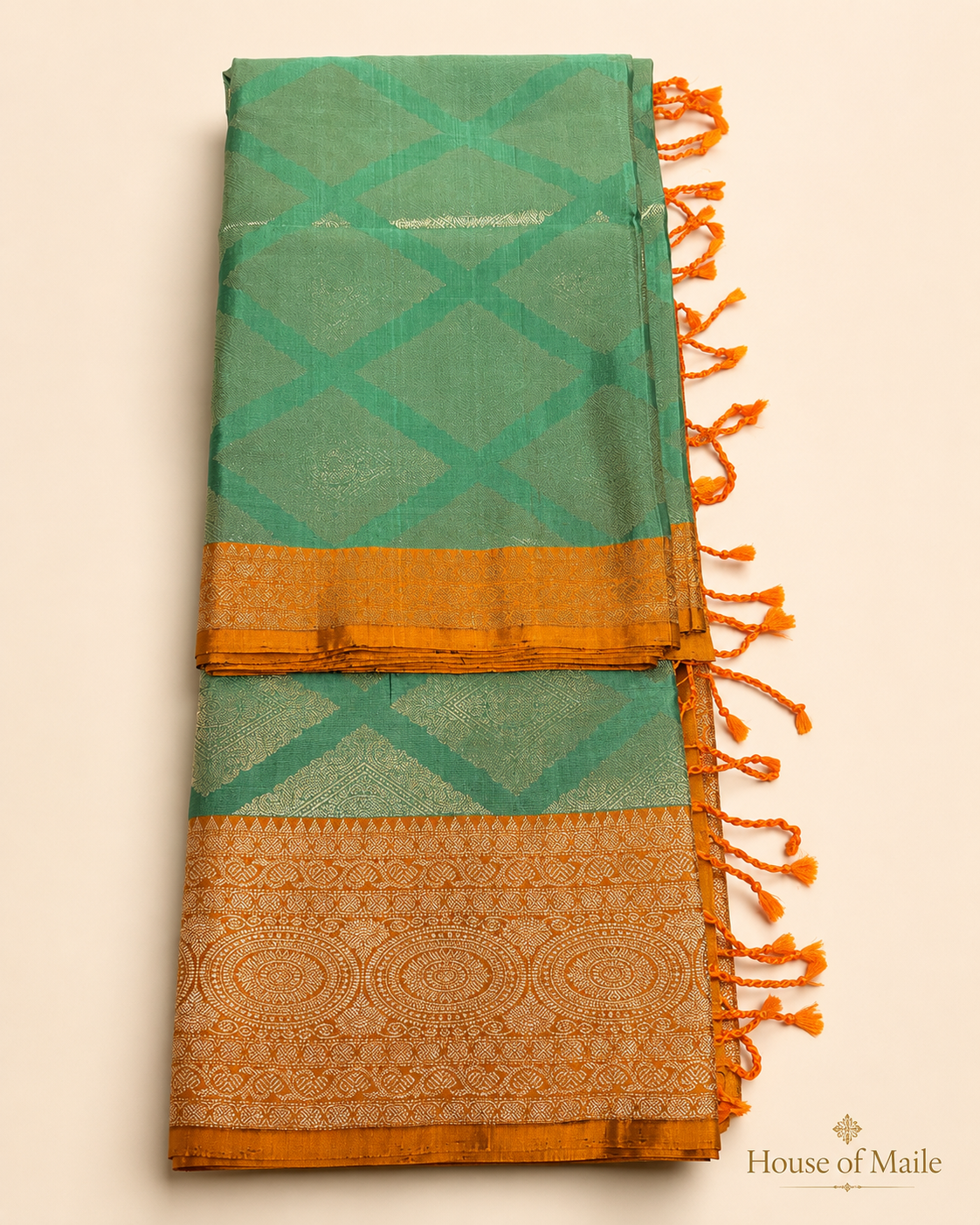 Sage Green and Burnt Orange Pure Silk Saree with Woven Pallu, Tassels and Unstitched Blouse Piece