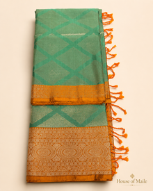 Sage Green and Burnt Orange Pure Silk Saree with Woven Pallu, Tassels and Unstitched Blouse Piece