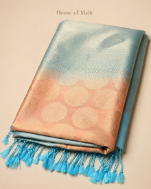 Peach and Sky Blue Pure Silk Saree with Woven Border, Tassels and Unstitched Blouse Piece