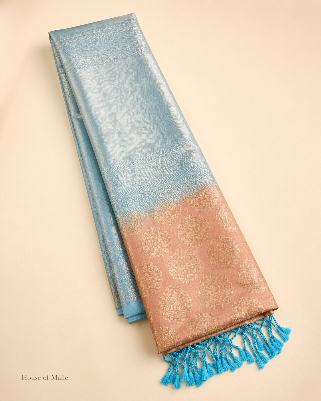 Peach and Sky Blue Pure Silk Saree with Woven Border, Tassels and Unstitched Blouse Piece