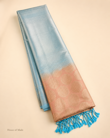 Peach and Sky Blue Pure Silk Saree with Woven Border, Tassels and Unstitched Blouse Piece