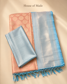 Peach and Sky Blue Pure Silk Saree with Woven Border, Tassels and Unstitched Blouse Piece