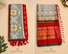 Grey Multicolor Ikat-Style Saree with Contrast Red Pallu and Unstitched Blouse Piece