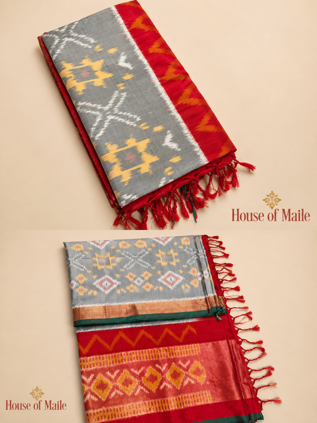 Grey Multicolor Ikat-Style Saree with Contrast Red Pallu and Unstitched Blouse Piece