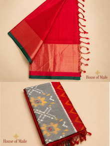 Grey Multicolor Ikat-Style Saree with Contrast Red Pallu and Unstitched Blouse Piece
