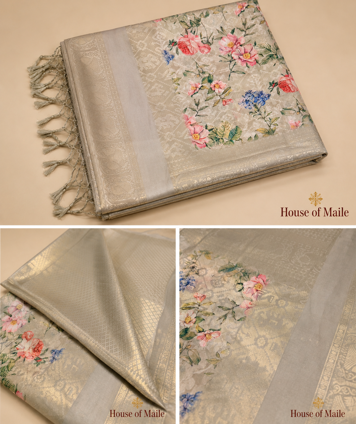 Silver Grey Floral Woven Saree with Tassels and Unstitched Blouse Piece