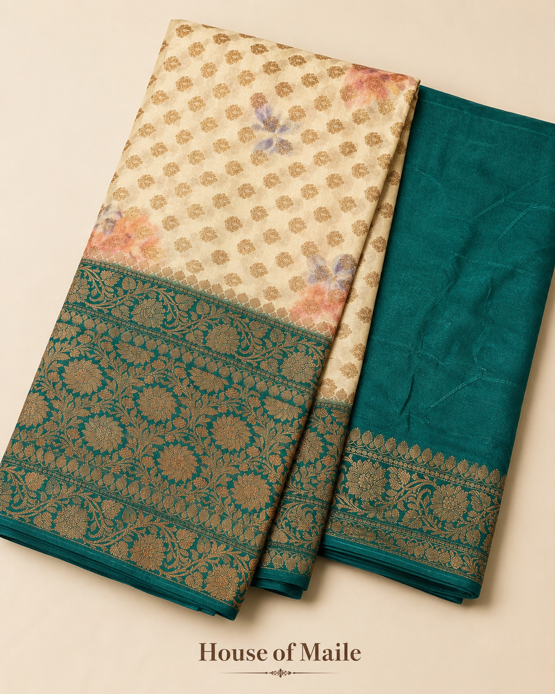 Ivory and Teal Green Floral Woven Saree with Gold Zari Border and Unstitched Blouse