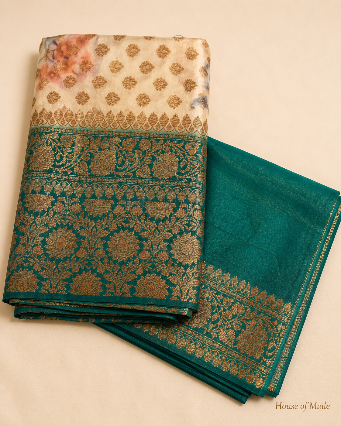 Ivory and Teal Green Floral Woven Saree with Gold Zari Border and Unstitched Blouse
