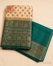 Ivory and Teal Green Floral Woven Saree with Gold Zari Border and Unstitched Blouse