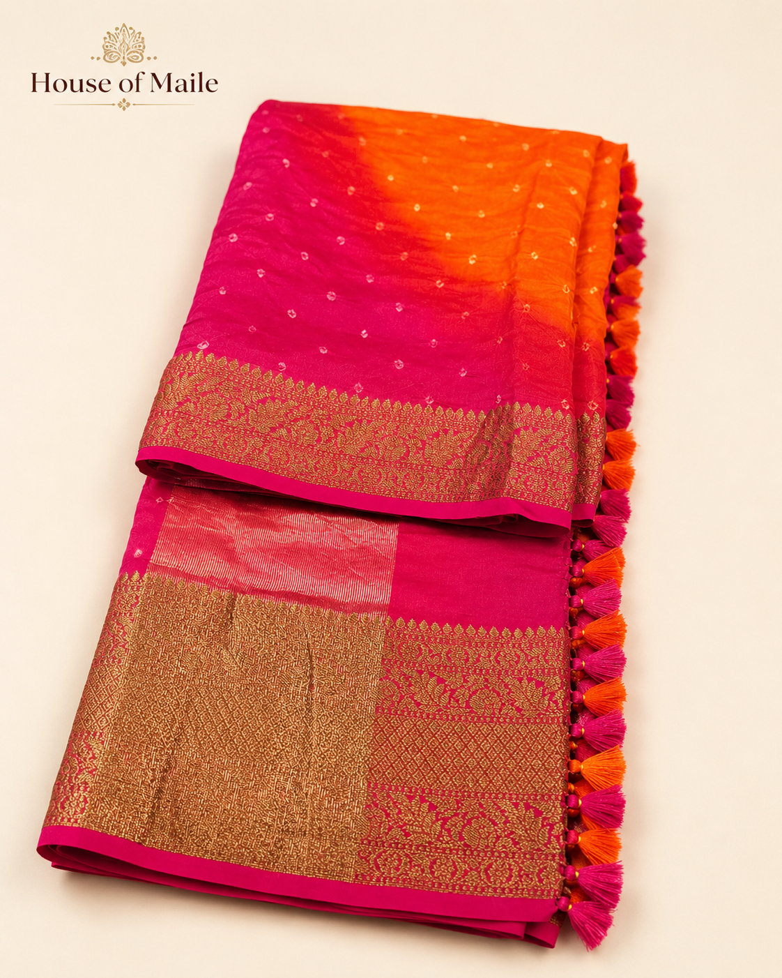 Pink and Orange Ombre Bandhani-Style Saree with Gold Zari Border