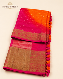 Pink and Orange Ombre Bandhani-Style Saree with Gold Zari Border