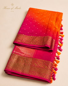 Pink and Orange Ombre Bandhani-Style Saree with Gold Zari Border
