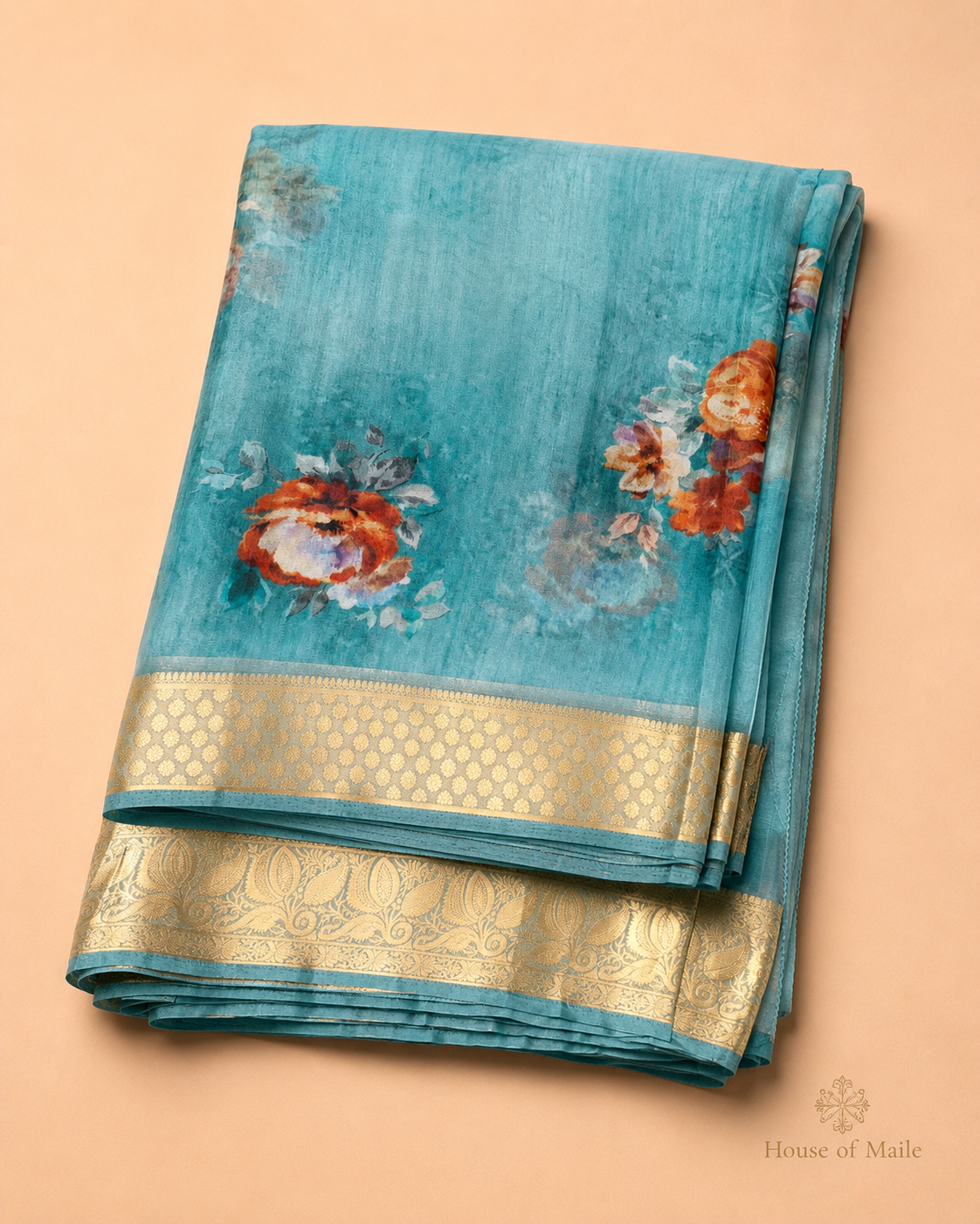 Teal Blue Floral Saree with Elegant Gold Woven Border without Blouse