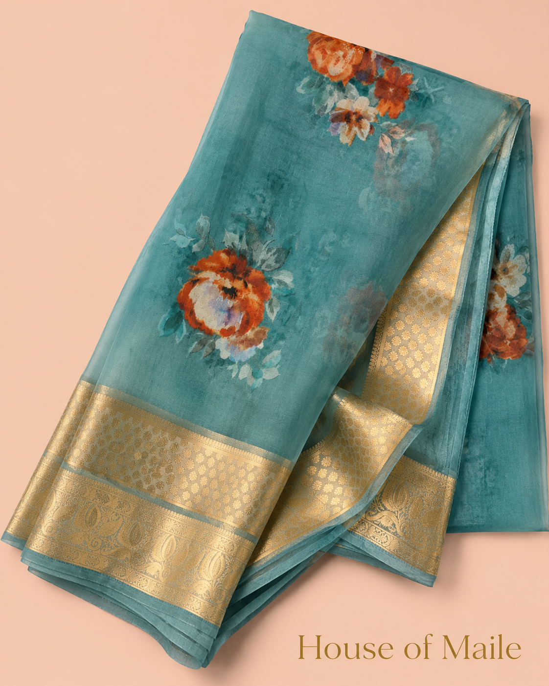 Teal Blue Floral Saree with Elegant Gold Woven Border without Blouse