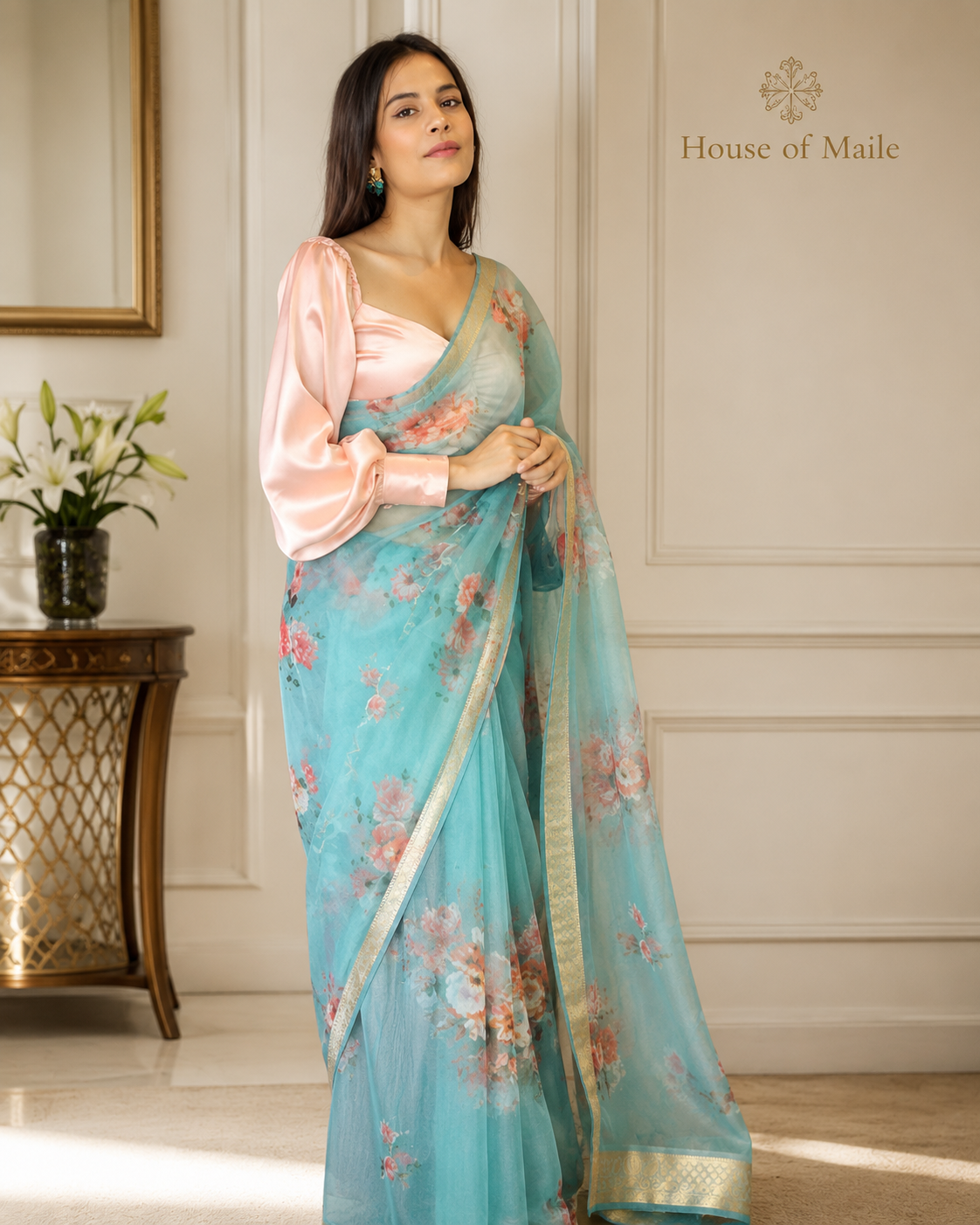 Teal Blue Floral Saree with Elegant Gold Woven Border without Blouse