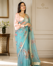 Teal Blue Floral Saree with Elegant Gold Woven Border without Blouse