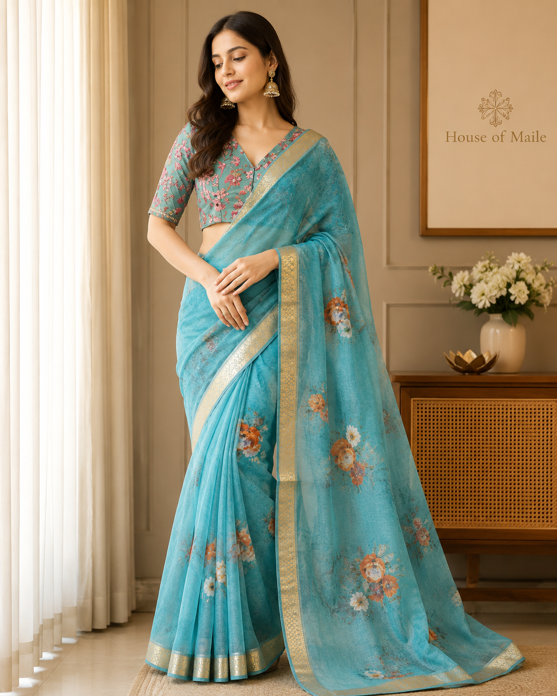 Teal Blue Floral Saree with Elegant Gold Woven Border without Blouse