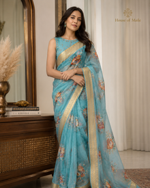 Teal Blue Floral Saree with Elegant Gold Woven Border without Blouse