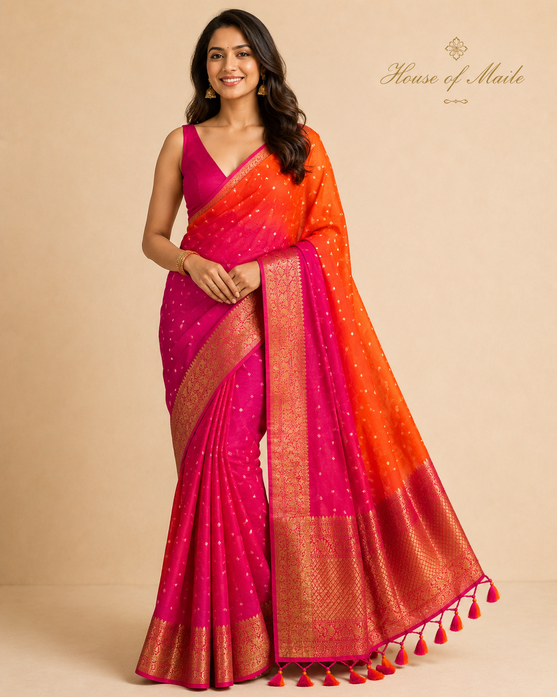 Pink and Orange Ombre Bandhani-Style Saree with Gold Zari Border