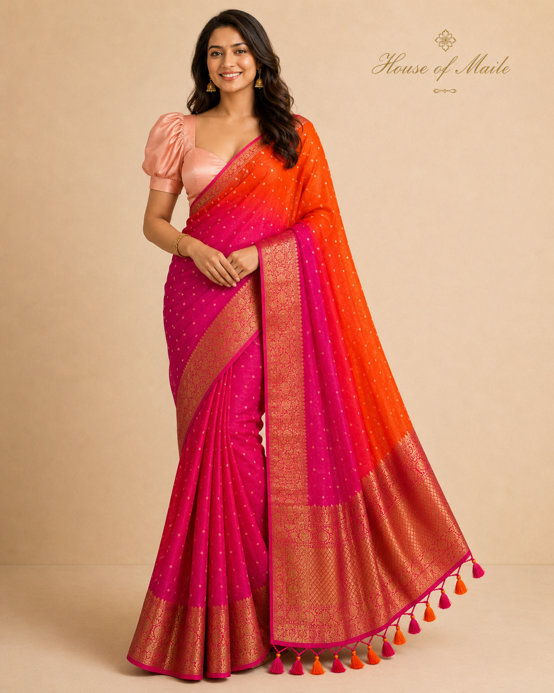 Pink and Orange Ombre Bandhani-Style Saree with Gold Zari Border