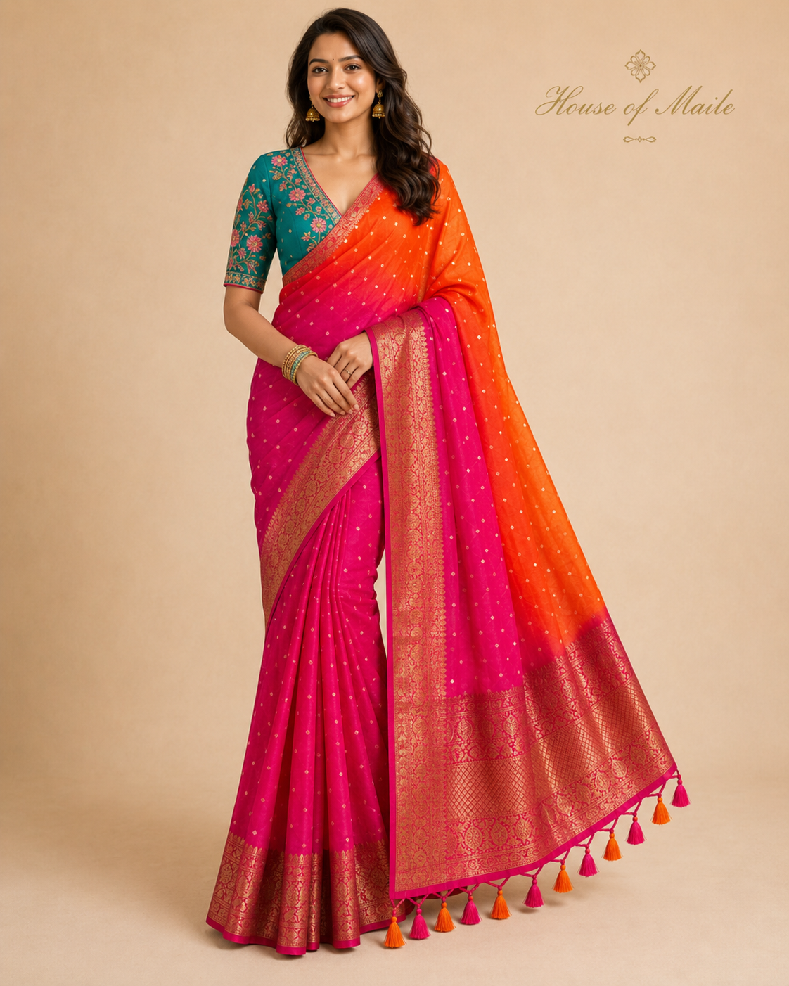Pink and Orange Ombre Bandhani-Style Saree with Gold Zari Border