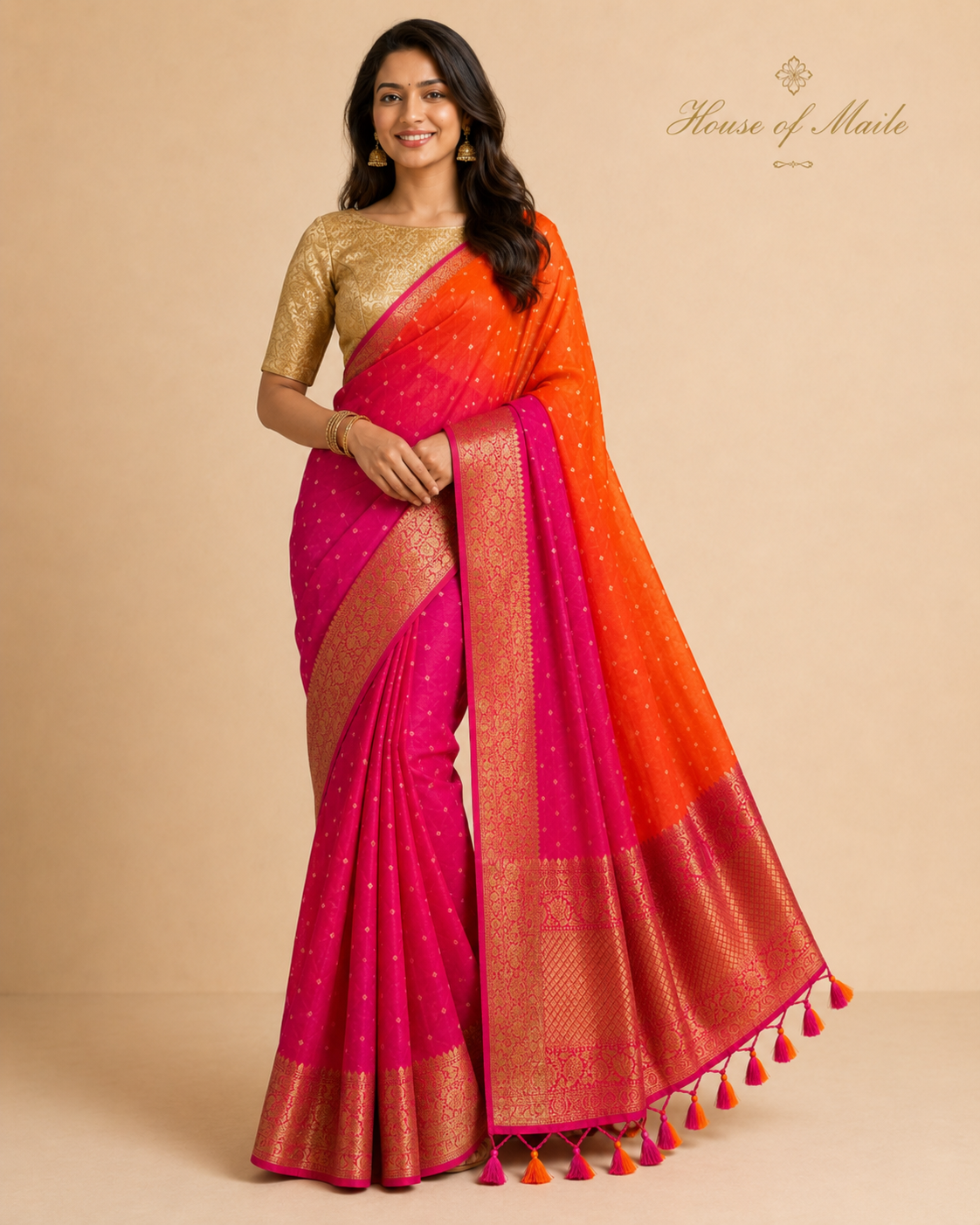 Pink and Orange Ombre Bandhani-Style Saree with Gold Zari Border