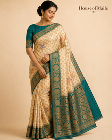 Ivory and Teal Green Floral Woven Saree with Gold Zari Border and Unstitched Blouse