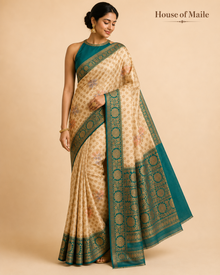 Ivory and Teal Green Floral Woven Saree with Gold Zari Border and Unstitched Blouse