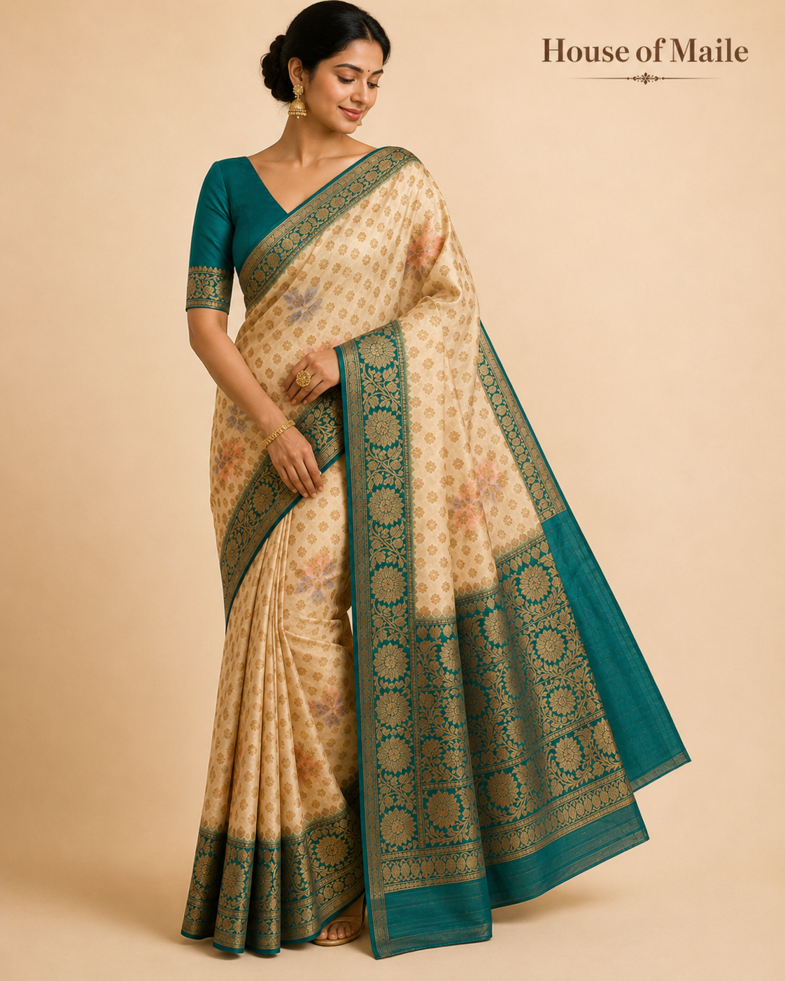 Ivory and Teal Green Floral Woven Saree with Gold Zari Border and Unstitched Blouse
