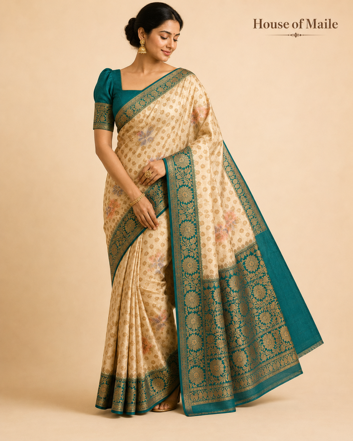 Ivory and Teal Green Floral Woven Saree with Gold Zari Border and Unstitched Blouse
