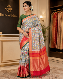 Grey Multicolor Ikat-Style Saree with Contrast Red Pallu and Unstitched Blouse Piece